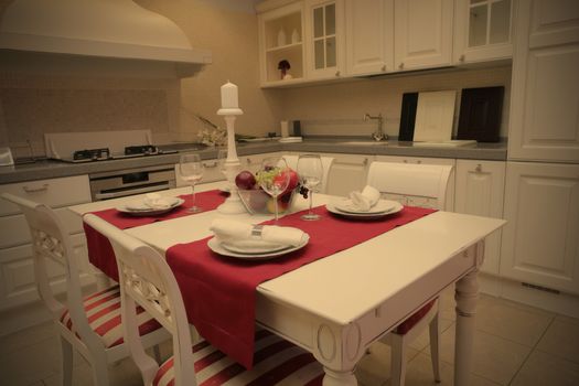 trendy cuisine with white furniture in country style and with served table, instagram image style