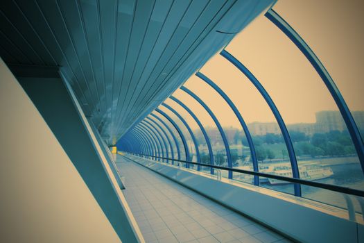 futuristic glass geometric corridor in the office centre, instagram image style