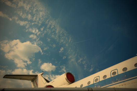 Vintage Jet Plane on Background Blue Sky, Aircraft Transport, instagram image style
