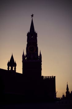 Moscow, Russia, Silhouette Spasskaya Tower of Moscow Kremlin, instagram image style