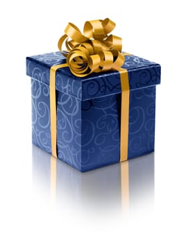 Stylish blue present box with golden ribbon bow