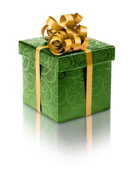 Stylish green present box with golden ribbon bow