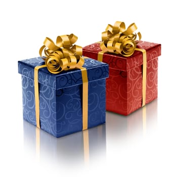 Red and blue present boxes with golden ribbon for him and her