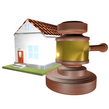 House and auction gavel over white background, 3d render