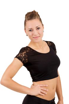 beauty contortionist prepare practicing gymnastic yoga isolated on white background, Young professional gymnast woman