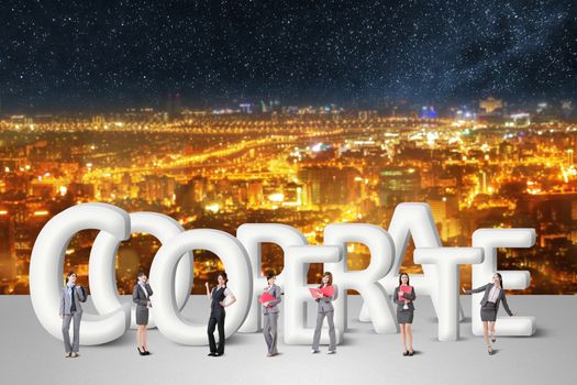 Concept of partner, friends,collaborate with group of business people stand with 3d text.