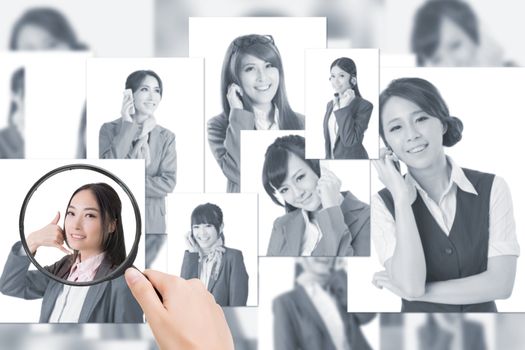 Concept of human resources, choose the right person from the people screen wall.