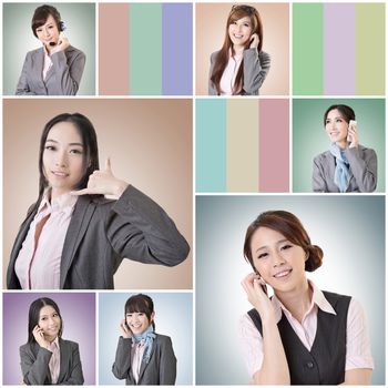 Collection of Asian business woman talk and listen, concept about connect, social media, group, speak etc.