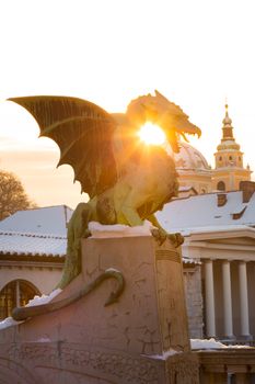 Famous Dragon bridge or Zmajski most, symbol of Ljubljana, capital of Slovenia, Europe.