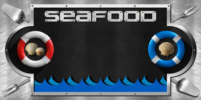 Blackboard with a metal frame on a metallic background with kitchen utensils, lifebuoys, seashells and sea waves. Template for recipes or seafood menu