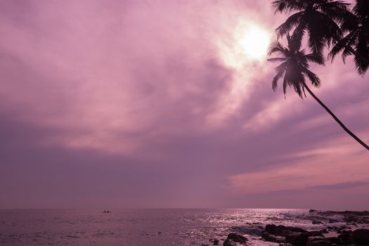 Small fishing boat in tropical ocean landscape with horizon and coconut palms in violet pink color filter.