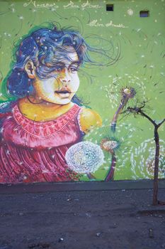 Colourful murals adorning the walls of tenement blocks in the San Miguel area of Santiago, capital of Chile. The area was created as an open air museum in what was a run down area of the city.