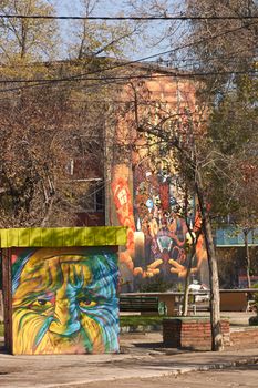 Colourful murals adorning the walls of tenement blocks in the San Miguel area of Santiago, capital of Chile. The area was created as an open air museum in what was a run down area of the city.