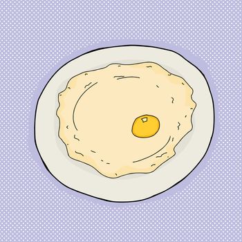 Single large fried egg in plate over blue