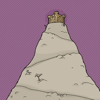 Castle on top of mountain with purple halftone background