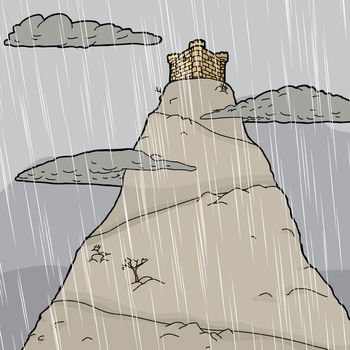 Single castle on mountain summit in rain storm