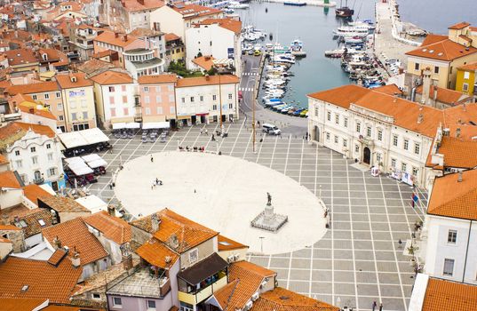 old town Piran - beautiful Slovenian adriatic coast, aerial view of Tartini Square. 