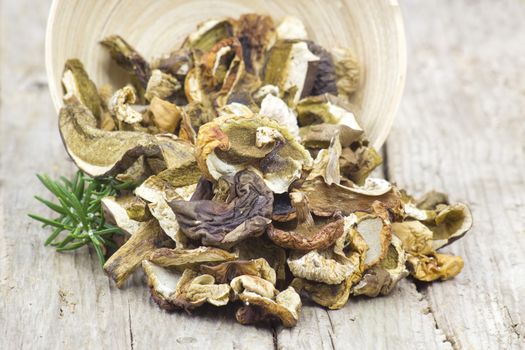 dried mushrooms in a bowl on wooden background