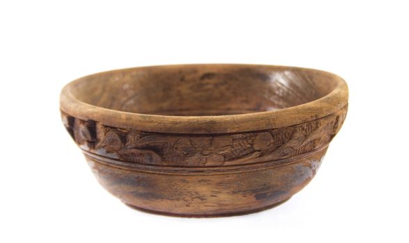 Empty wooden bowl on a white background.