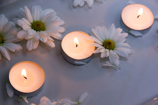 Candles in water with daisies and petals