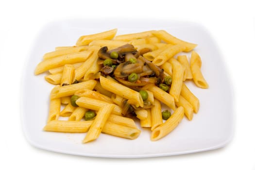 Pasta with mushrooms and peas on white background