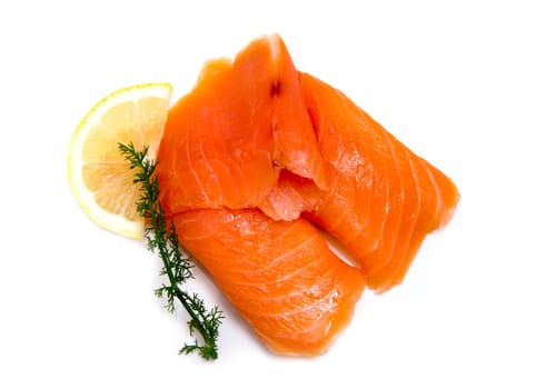 Smoked salmon from above on white background