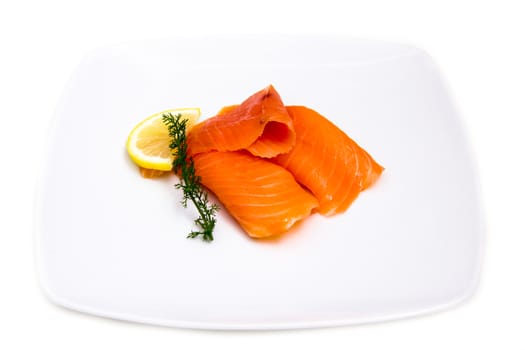 Smoked salmon on plate on white background