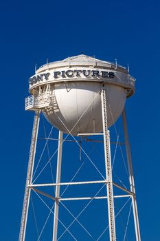 CULVER CITY, CA/USA - NOVEMBER 29, 2014: Sony Pictures studios water tower and marquee. Sony Pictures Studios are a television and film studio complex.