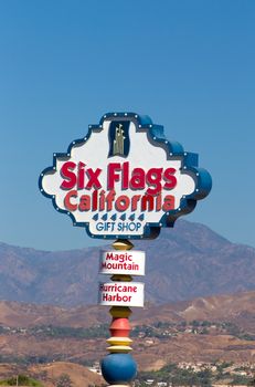 VALENCIA, CA/USA - AUGUST 17, 2014. Six Flags Magic Mountain Entrance Sign. Six Flags Magic Mountain is a theme park located north of Los Angeles, California.