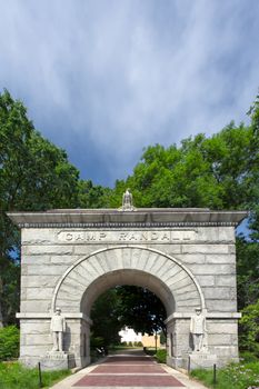 MADISON, WI/USA - JUNE 26, 2014:  Historic arched entry to Camp Randall Stadium on the campus of the University of Wisconsin-Madison. The University of Wisconsin is a University in the United States.