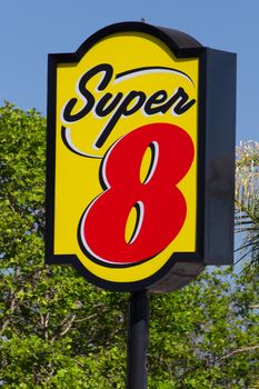 GILROY, CA/USA - MAY 26, 2014: Super 8 Motel Sign.  Super 8 Motels is the world's largest budget hotel chain, with motels in the United States and Canada, as well as newer properties in China.