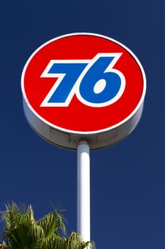 GILROY, CA/USA - MAY 26, 2014:  Union 76 gas station sign. Union 76 is a chain of automotive service station in the United States owned by Phillips 66 Company.