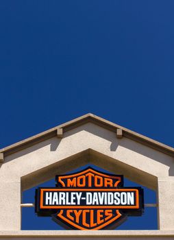 GILROY, CA/USA - MAY 26, 2014:  Harley-Davidson Motor Cycle sign. Harley-Davidson, Inc. is an American motorcycle manufacturer.