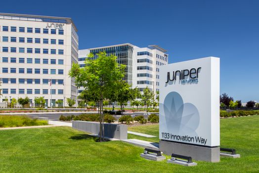 SANTA CLARA, CA/USA - MAY 11, 2014:  Juniper Networks Campus in Silicon Valley. Juniper Networks, Inc. is an American manufacturer of networking equipment.