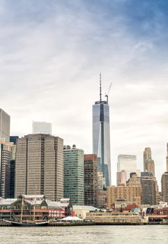 Lower Manhattan skyline over East River, New York City.