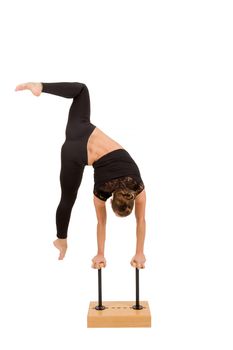 beauty contortionist practicing gymnastic yoga isolated on white background, Young professional gymnast woman