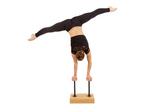 beauty contortionist practicing gymnastic yoga isolated on white background, Young professional gymnast woman