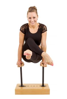 beauty contortionist practicing gymnastic yoga isolated on white background, Young professional gymnast woman