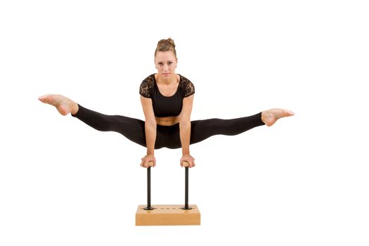 beauty contortionist practicing gymnastic yoga isolated on white background, Young professional gymnast woman