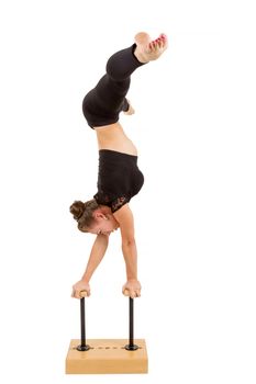 beauty contortionist practicing gymnastic yoga isolated on white background, Young professional gymnast woman