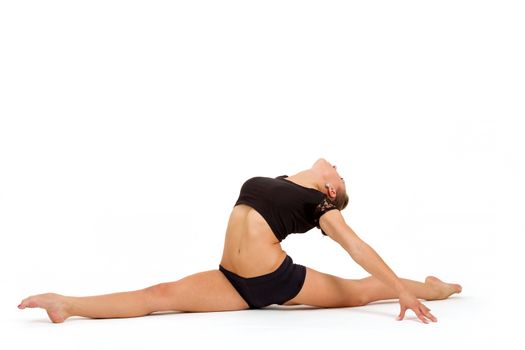 beauty contortionist practicing gymnastic yoga isolated on white background, Young professional gymnast woman