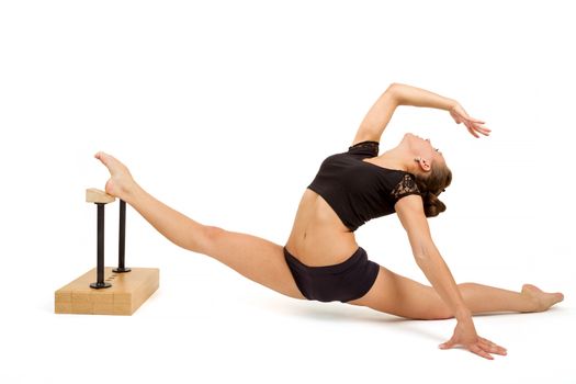 beauty contortionist practicing gymnastic yoga isolated on white background, Young professional gymnast woman