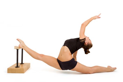 beauty contortionist practicing gymnastic yoga isolated on white background, Young professional gymnast woman