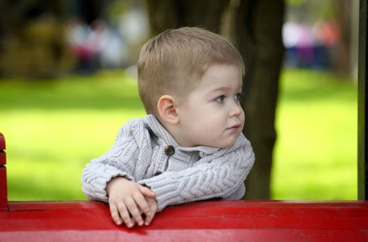 2 years old Baby boy on playground in spring outdoor park 