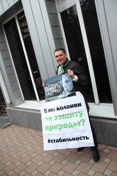 Tuapse, Krasnodar region, Russia - March 23, 2012. Ecologist Evgeny Vitishko on picket in support of the arrested ecologist Suren Gazaryan