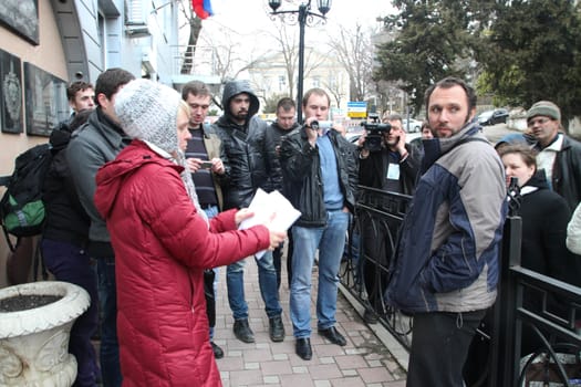 Tuapse, Krasnodar region, Russia - March 23, 2012. Evgenia Chirikova and other ecologists meet Suren Gazaryan released from under arrest