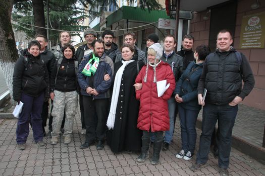 Tuapse, Krasnodar region, Russia - March 23, 2012. Ecologists from Ecological watch across the North Caucasus are photographed after Suren Gazaryan's release from under arrest. On a photo also politicians from Moscow Evgenia Chirikova, Nikolay Lyaskin and Igor Bakirov