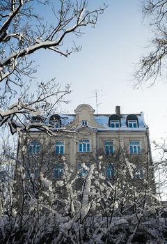 A Traditional Building In Munich Germany In The Snow Near Christmas