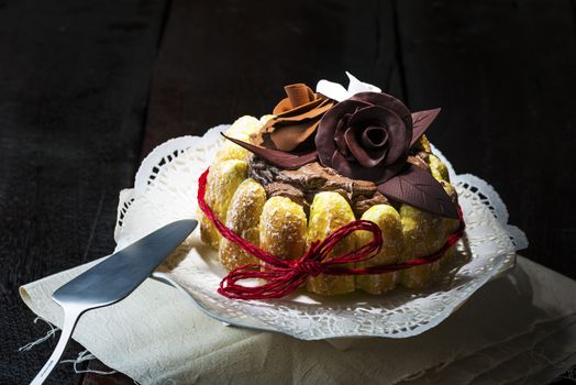 Beautifully decorated chocolate cake topped with roses on cocoa icing and surrounded with freshly baked golden pastries for a delicious dessert or sweet