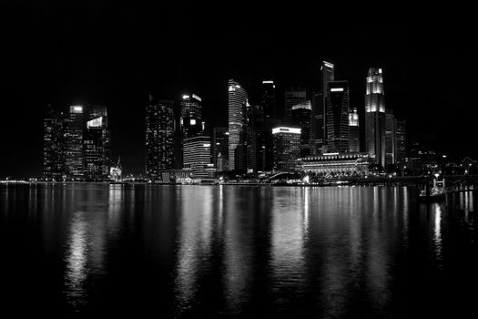 Black and white of Singapore skyline at night